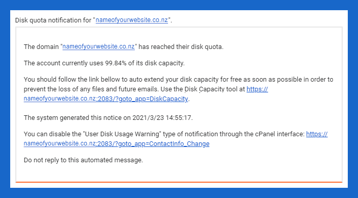Disk Quota Notification for website